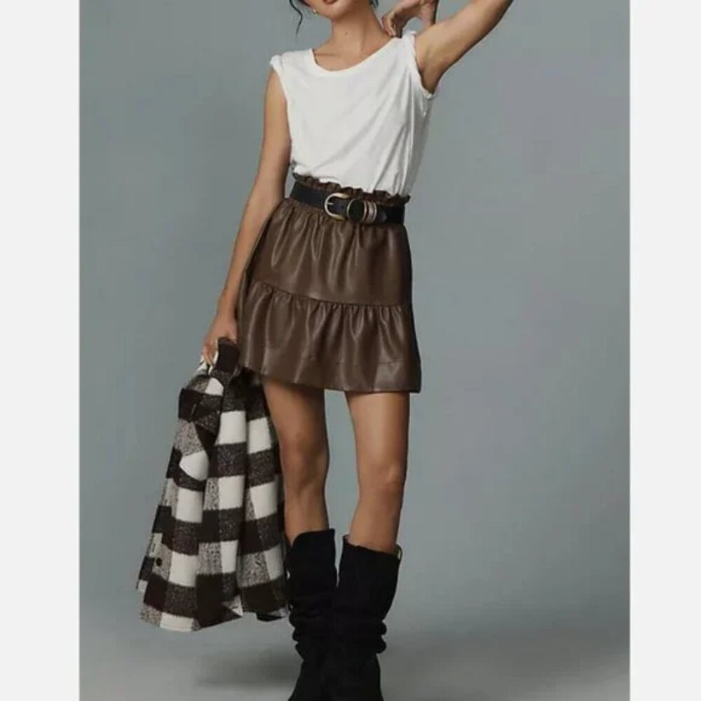 Anthropologie Women's Brown Tiered Faux-Leather Mini Skirt